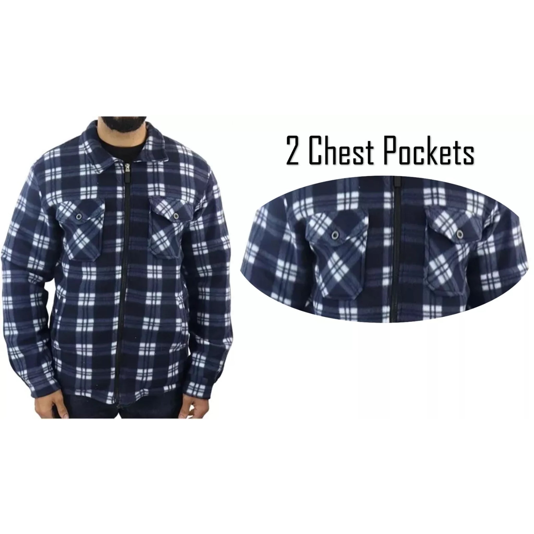 Men's zipped check fleece shirt in navy and white plaid pattern, warm long sleeve overshirt with chest pockets